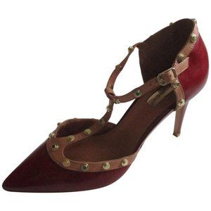 *Halogen Red And Tan Gold Studded Trim T Strap